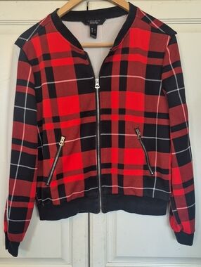Streetwear Society Red and Black Plaid Bomber Jacket
